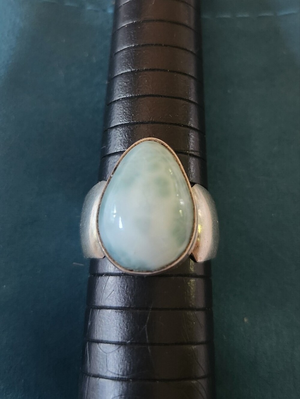 Sterling Silver 925 Teardrop Egg Shape Larimar Ring in Light Blue-Green Size 9.5